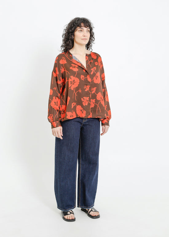 GALEN SHIRT / FRAGILE BLOOMS - CHOCOLATE-POPPY