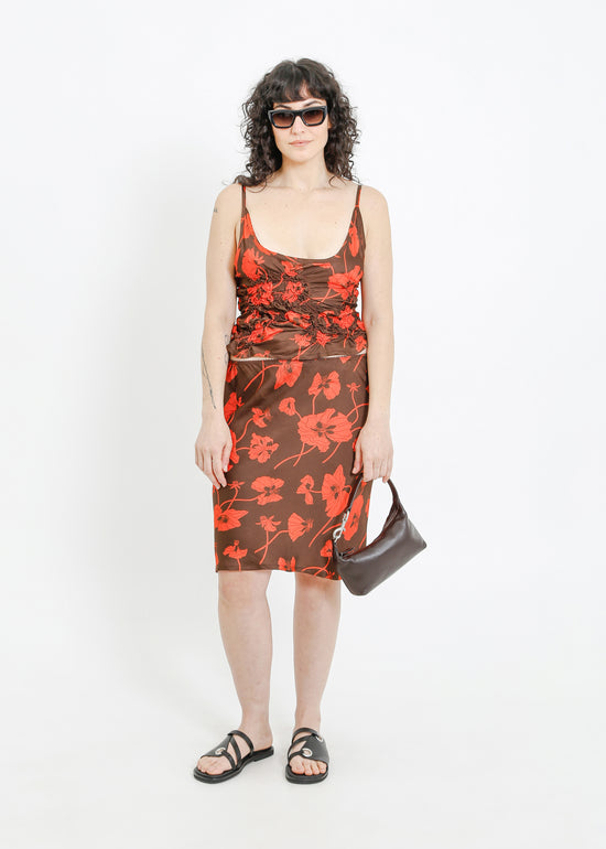 VAN SLIP SKIRT / FRAGILE BLOOMS - CHOCOLATE-POPPY