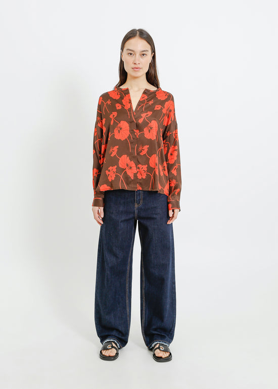 GALEN SHIRT / FRAGILE BLOOMS - CHOCOLATE-POPPY