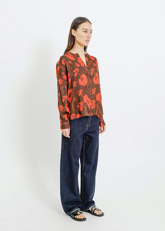 GALEN SHIRT / FRAGILE BLOOMS - CHOCOLATE-POPPY
