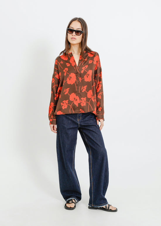 GALEN SHIRT / FRAGILE BLOOMS - CHOCOLATE-POPPY