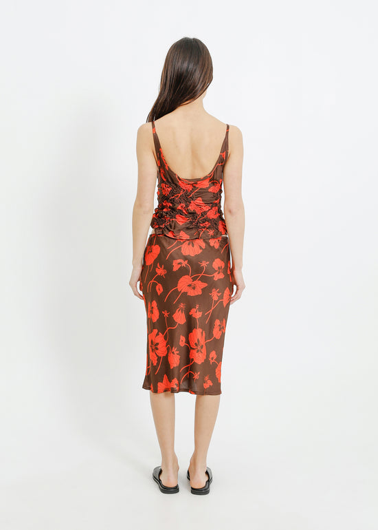 VAN SLIP SKIRT / FRAGILE BLOOMS - CHOCOLATE-POPPY