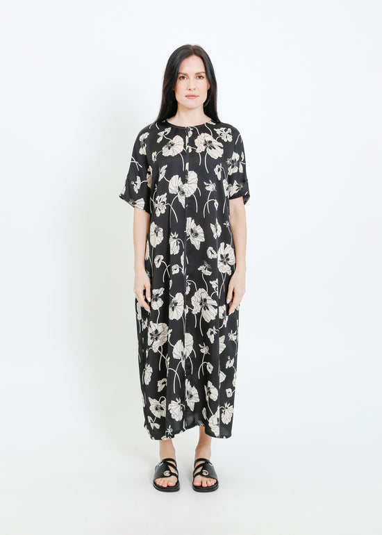 PHOENIX DRESS / FRAGILE BLOOMS - BLACK-CREAM