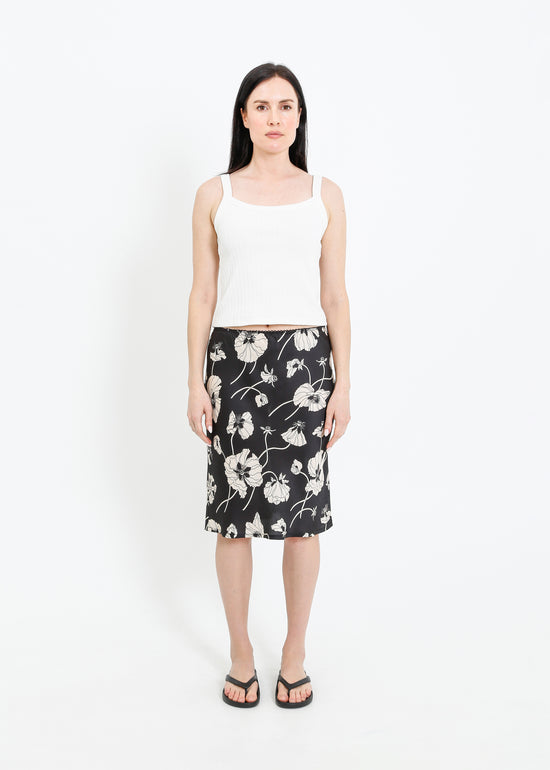 VAN SLIP SKIRT / FRAGILE BLOOMS - BLACK-CREAM