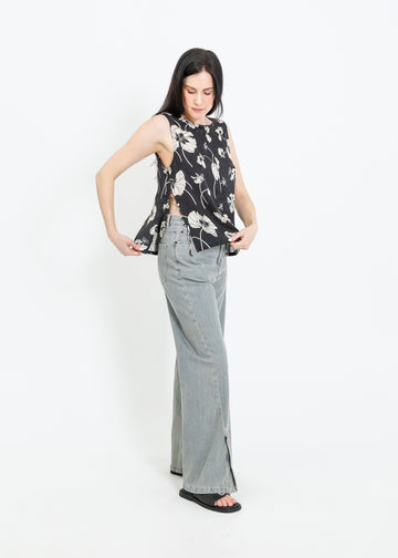ALESSI TOP / FRAGILE BLOOMS - BLACK-CREAM